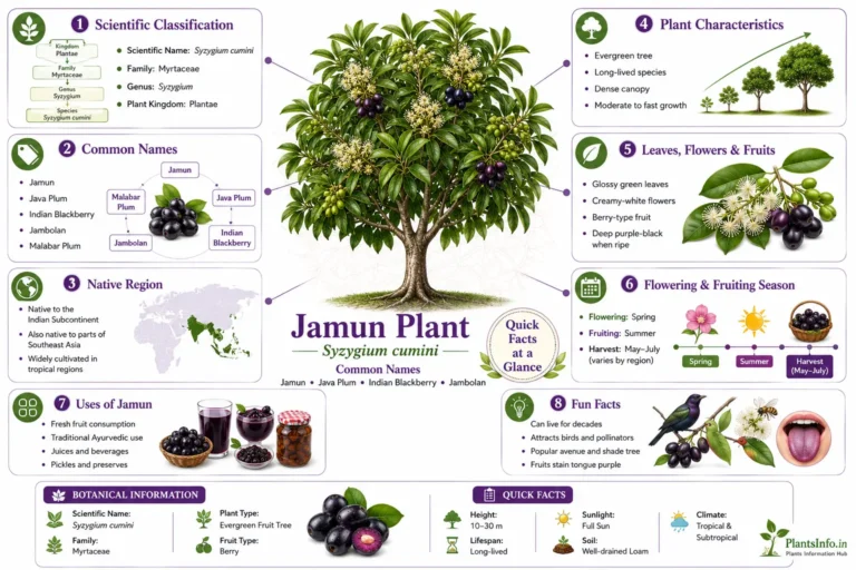 Infographic showing Jamun plant (Syzygium cumini) quick facts, scientific classification, common names, native range, plant characteristics, flowering season, uses, and botanical information.