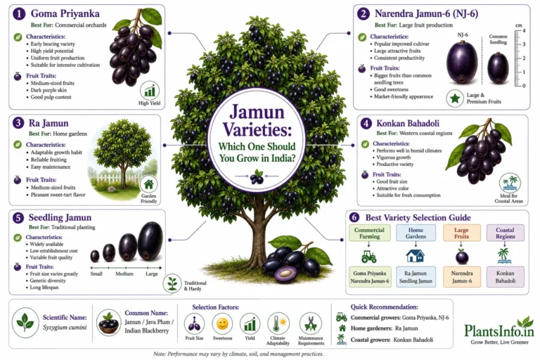 Infographic comparing popular Jamun varieties in India, including Goma Priyanka, Narendra Jamun-6, Konkan Bahadoli, and seedling-grown Jamun, with fruit size, yield, growing suitability, and selection recommendations.