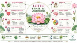 Lotus benefits infographic showing Ayurvedic uses and modern research on antioxidants, cardiovascular wellness, digestive health, skin health, cognitive support, nutrients, and cultural significance of Nelumbo nucifera.