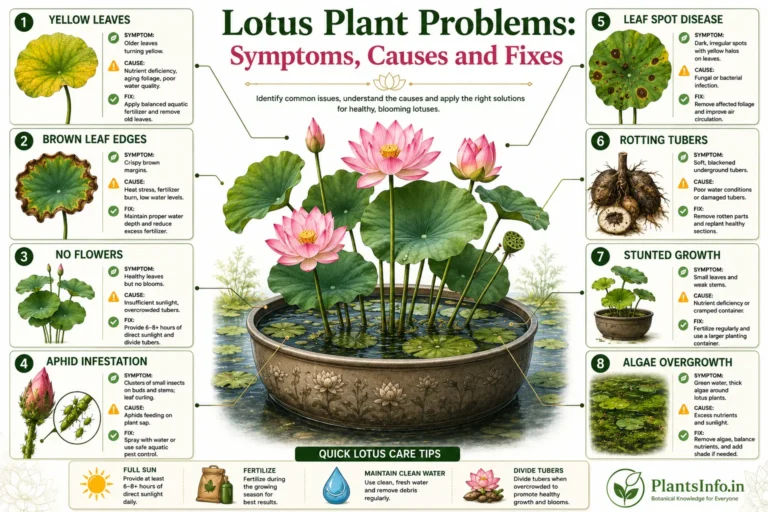 Lotus plant problems infographic showing yellow leaves, brown leaf edges, no flowers, aphid infestation, leaf spot disease, rotting tubers, stunted growth, algae overgrowth, and practical solutions for healthy lotus growth.