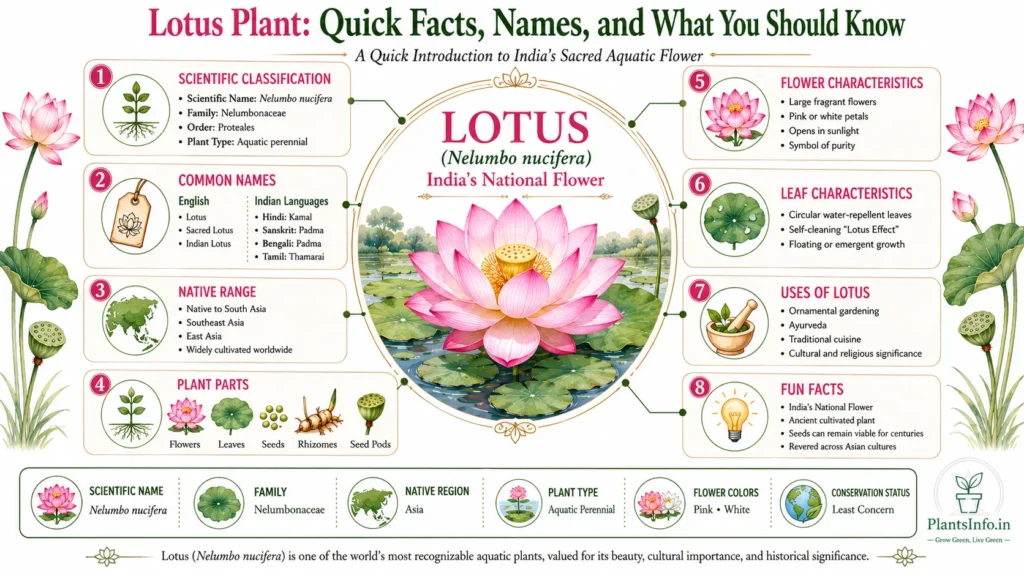 Lotus plant infographic showing scientific classification, common names, native range, plant parts, flower and leaf characteristics, uses, and key facts about Nelumbo nucifera, India's national flower.