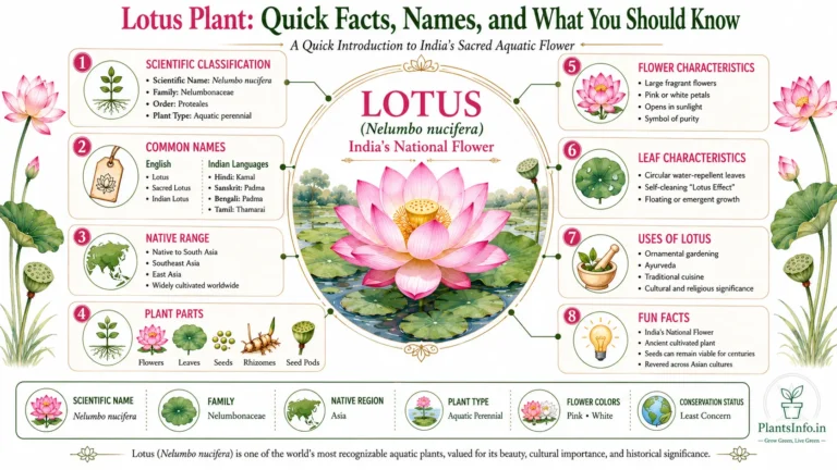 Lotus plant infographic showing scientific classification, common names, native range, plant parts, flower and leaf characteristics, uses, and key facts about Nelumbo nucifera, India's national flower.