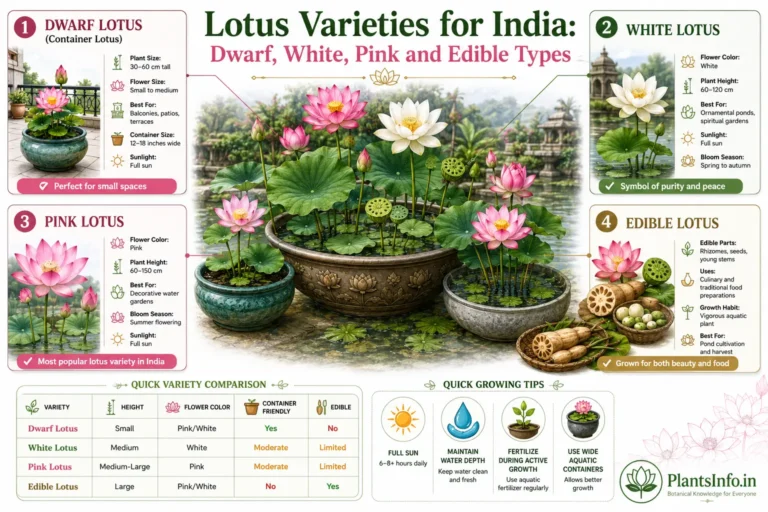 Lotus varieties for India infographic comparing dwarf lotus, white lotus, pink lotus, and edible lotus types with plant size, flower color, growing requirements, and container suitability.