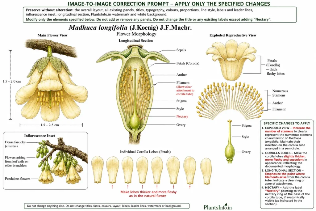 Botanical illustration of the flower morphology of Madhuca longifolia (J.Koenig) J.F.Macbr. showing the natural flower, longitudinal section, exploded reproductive structures, inflorescence inset, and labelled floral anatomy.