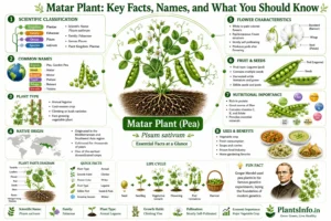 Educational infographic about the Matar plant (Pisum sativum) showing scientific classification, common names, plant characteristics, flower structure, fruit and seeds, nutrition, uses, life cycle, and key botanical facts.