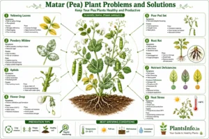 Infographic showing common Matar (Pea) plant problems including yellow leaves, powdery mildew, aphids, flower drop, poor pod set, root rot, nutrient deficiencies, and heat stress with symptoms, causes, and fixes.