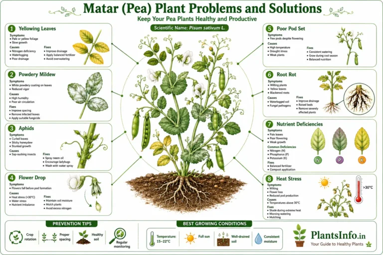 Infographic showing common Matar (Pea) plant problems including yellow leaves, powdery mildew, aphids, flower drop, poor pod set, root rot, nutrient deficiencies, and heat stress with symptoms, causes, and fixes.