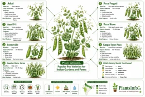 Infographic comparing popular Matar (Pea) varieties in India including Arkel, Azad P-1, Bonneville, Jawahar Matar, Pusa Pragati, Pusa Shree, and commercial pea types with harvest time, features, and ideal growing regions.