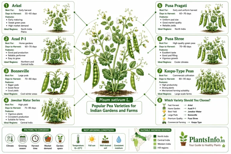 Infographic comparing popular Matar (Pea) varieties in India including Arkel, Azad P-1, Bonneville, Jawahar Matar, Pusa Pragati, Pusa Shree, and commercial pea types with harvest time, features, and ideal growing regions.