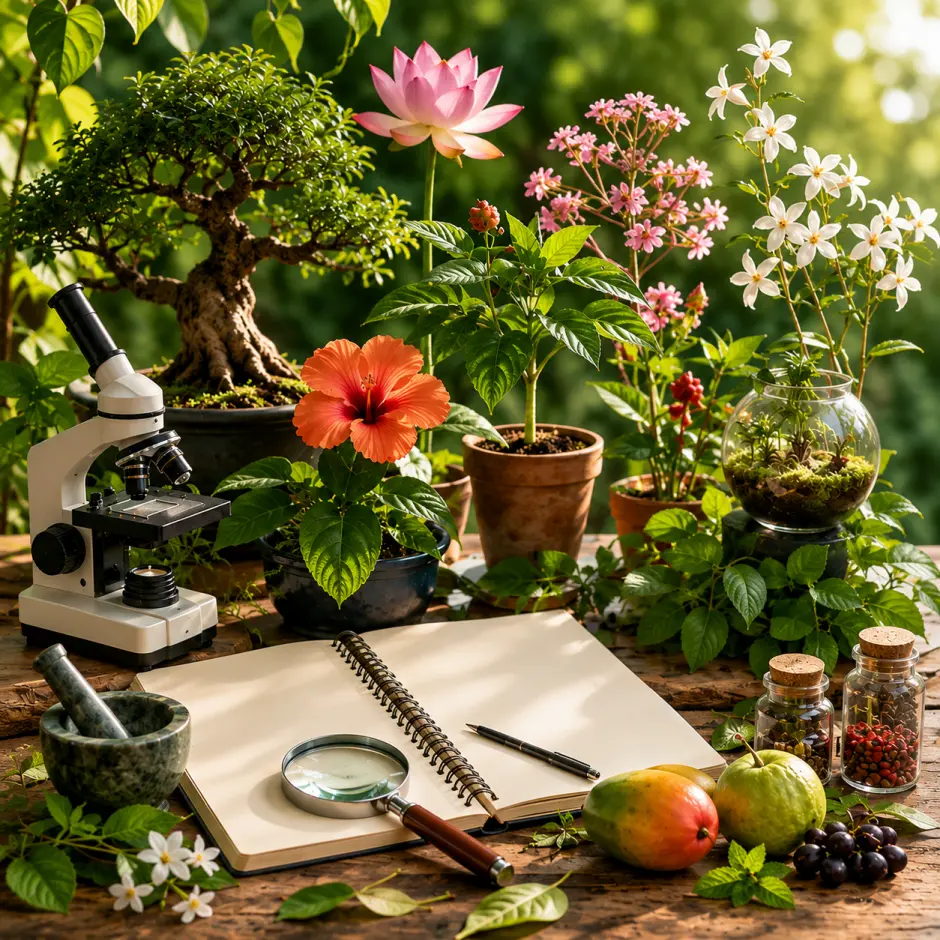 Diverse collection of flowering plants, bonsai tree, botanical specimens, microscope, and plant research materials representing plant diversity and botanical study.
