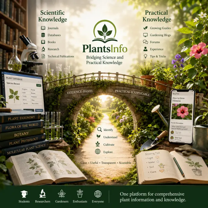 Illustration showing the connection between scientific botanical research and practical plant cultivation knowledge, combining plant databases, taxonomy, gardening, and plant care information.