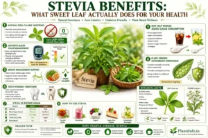 Stevia benefits infographic showing zero-calorie sweetness, blood sugar management support, weight management benefits, dental health advantages, antioxidant compounds, and practical uses of Stevia rebaudiana.