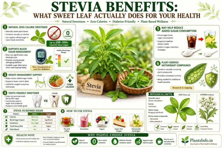 Stevia benefits infographic showing zero-calorie sweetness, blood sugar management support, weight management benefits, dental health advantages, antioxidant compounds, and practical uses of Stevia rebaudiana.