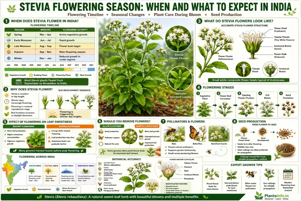 Stevia flowering season infographic showing bloom timeline in India, flower structure, flowering stages, pollinators, seed production, and the effects of flowering on leaf sweetness in Stevia rebaudiana.