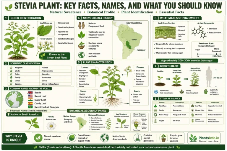 Stevia plant infographic showing botanical classification, plant characteristics, native origin, growth habit, sweet compounds, identification features, and key facts about Stevia rebaudiana.
