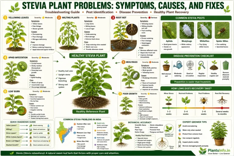 Stevia plant problems infographic showing yellow leaves, wilting, root rot, aphids, mealybugs, leaf burn, poor growth, common pests, symptoms, causes, and treatment solutions for Stevia rebaudiana.