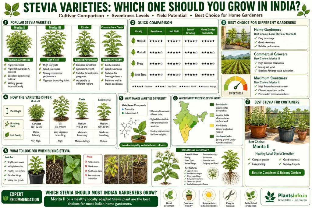 Stevia varieties infographic comparing Morita II, Morita III, Eirete, and local Stevia selections, including sweetness, yield, growth habits, container suitability, and recommendations for Indian gardeners.
