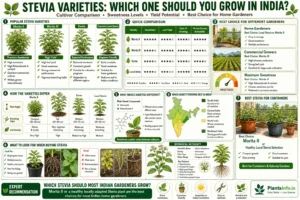 Stevia varieties infographic comparing Morita II, Morita III, Eirete, and local Stevia selections, including sweetness, yield, growth habits, container suitability, and recommendations for Indian gardeners.