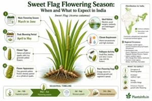 Botanical infographic of Sweet Flag (Acorus calamus) flowering season in India showing March–June blooming period, flower characteristics, habitat preferences, distribution map, pollinator activity, and seasonal growth cycle.