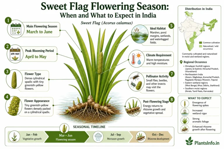 Botanical infographic of Sweet Flag (Acorus calamus) flowering season in India showing March–June blooming period, flower characteristics, habitat preferences, distribution map, pollinator activity, and seasonal growth cycle.