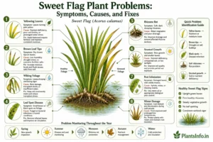 Botanical infographic showing common Sweet Flag (Acorus calamus) plant problems, including yellow leaves, brown tips, rhizome rot, pests, diseases, symptoms, causes, and treatment solutions.