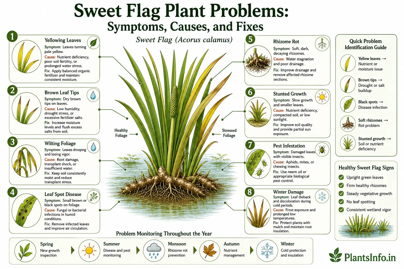 Botanical infographic showing common Sweet Flag (Acorus calamus) plant problems, including yellow leaves, brown tips, rhizome rot, pests, diseases, symptoms, causes, and treatment solutions.