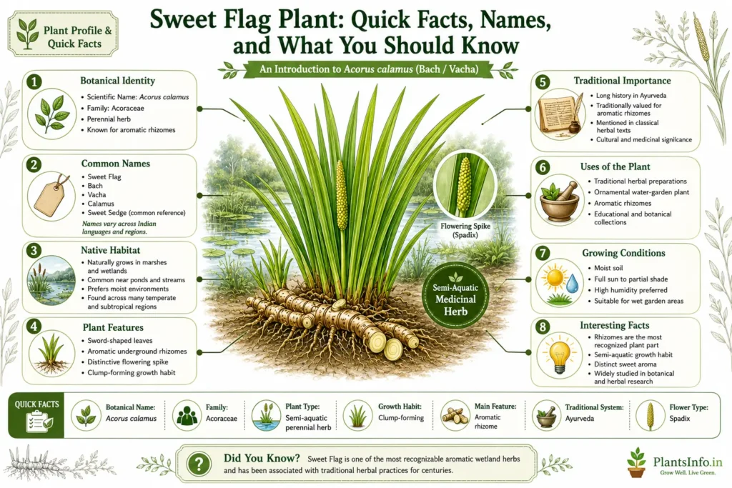 Botanical infographic introducing Sweet Flag (Acorus calamus), showing plant identification, common names, habitat, rhizomes, traditional importance, growing conditions, and key botanical facts.