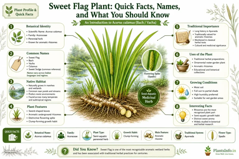 Botanical infographic introducing Sweet Flag (Acorus calamus), showing plant identification, common names, habitat, rhizomes, traditional importance, growing conditions, and key botanical facts.