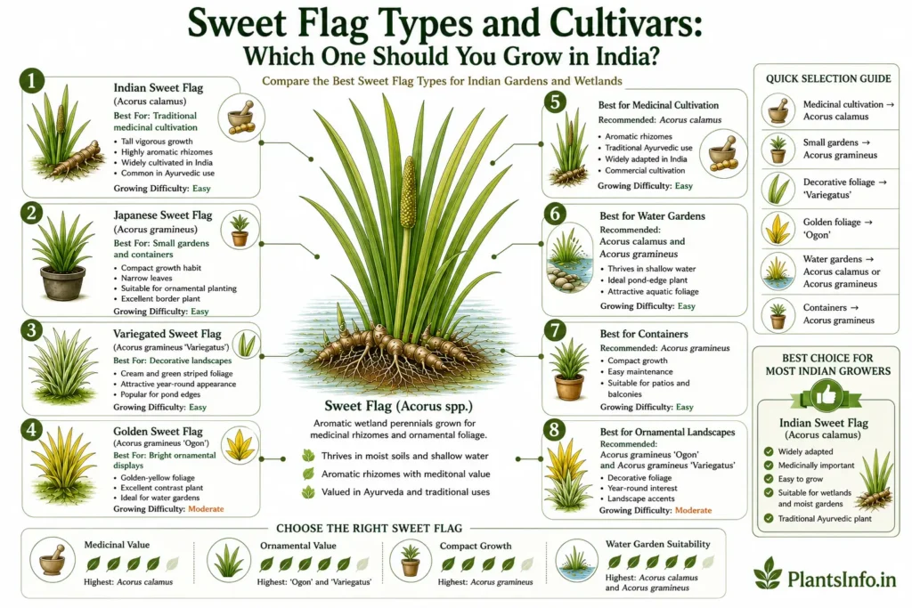 Botanical infographic comparing Sweet Flag (Acorus) types and cultivars for India, including Acorus calamus, Acorus gramineus, Variegatus, and Ogon, with growing recommendations and suitability ratings.