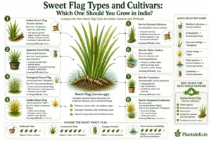 Botanical infographic comparing Sweet Flag (Acorus) types and cultivars for India, including Acorus calamus, Acorus gramineus, Variegatus, and Ogon, with growing recommendations and suitability ratings.