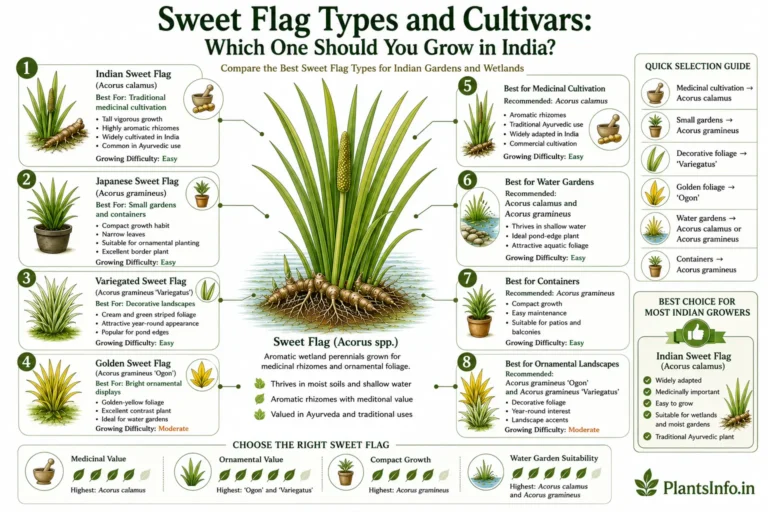 Botanical infographic comparing Sweet Flag (Acorus) types and cultivars for India, including Acorus calamus, Acorus gramineus, Variegatus, and Ogon, with growing recommendations and suitability ratings.