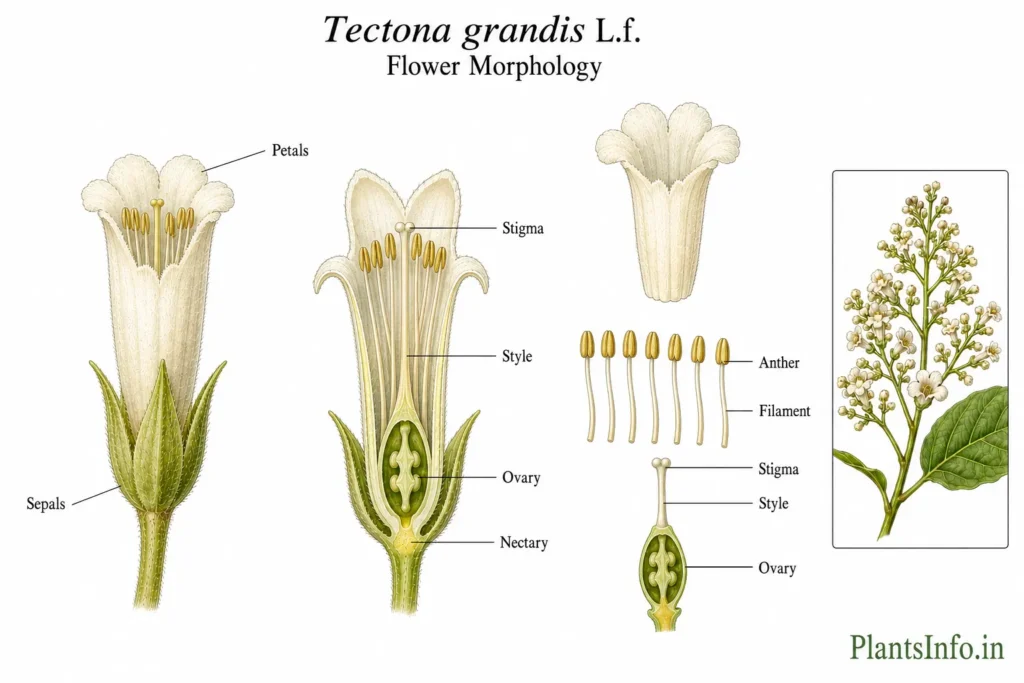 Botanical illustration of the flower morphology of Tectona grandis showing labelled reproductive structures, floral anatomy, longitudinal section, and inflorescence architecture.