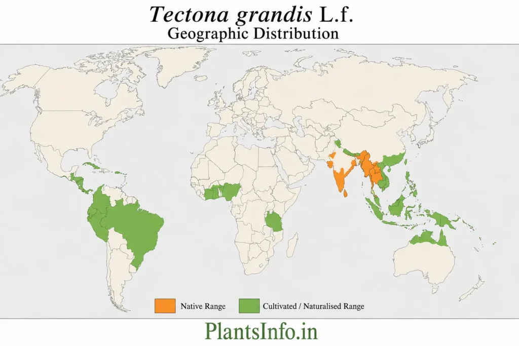 World distribution map of Tectona grandis showing documented native range in South and Southeast Asia and cultivated or naturalised distribution across tropical regions of Africa, Asia, Oceania, Central America, South America, and the Caribbean.