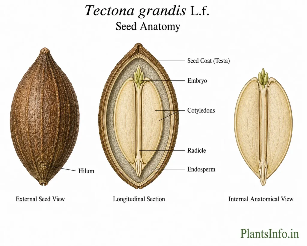 Botanical illustration of the seed anatomy of Tectona grandis showing the external seed view, longitudinal section, embryo, cotyledons, endosperm, hilum, and seed coat.