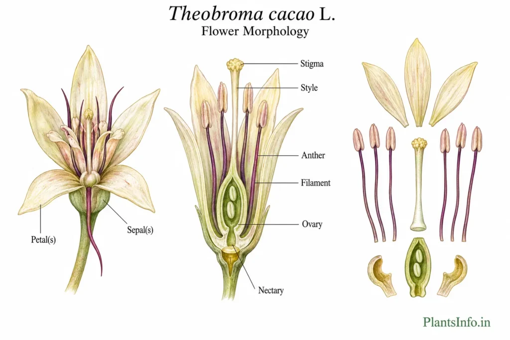 Botanical illustration of the flower morphology of Theobroma cacao showing labelled reproductive structures and floral anatomy.