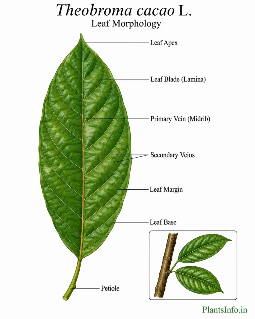 Botanical illustration of the leaf morphology of Theobroma cacao showing leaf shape, venation, apex, base, and labelled structures.