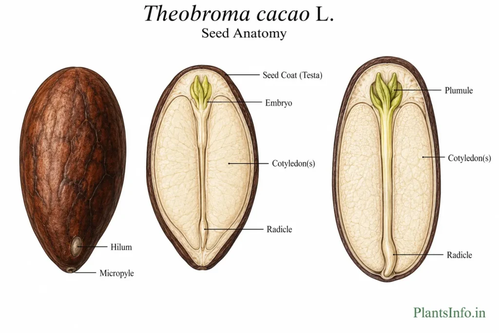 Botanical illustration of the seed anatomy of Theobroma cacao showing external seed morphology, seed coat, embryo, cotyledons, radicle, hilum, micropyle, and internal seed structure.
