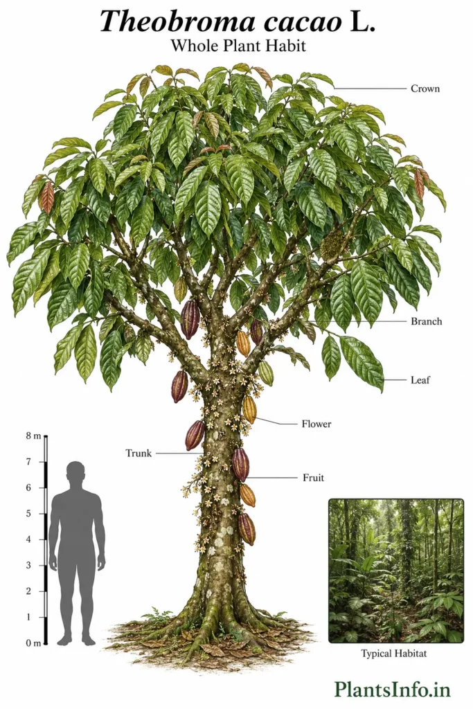 Botanical illustration of Theobroma cacao showing complete tree habit, crown architecture, trunk, leaves, cauliflorous flowers, fruits, scale reference, and rainforest habitat inset.