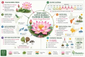 Lotus flowering season in India infographic showing bloom calendar, regional flowering periods, seed harvest window, and flowering triggers for Nelumbo nucifera.