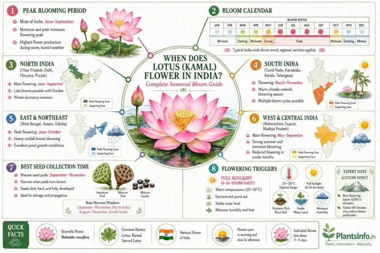 Lotus flowering season in India infographic showing bloom calendar, regional flowering periods, seed harvest window, and flowering triggers for Nelumbo nucifera.