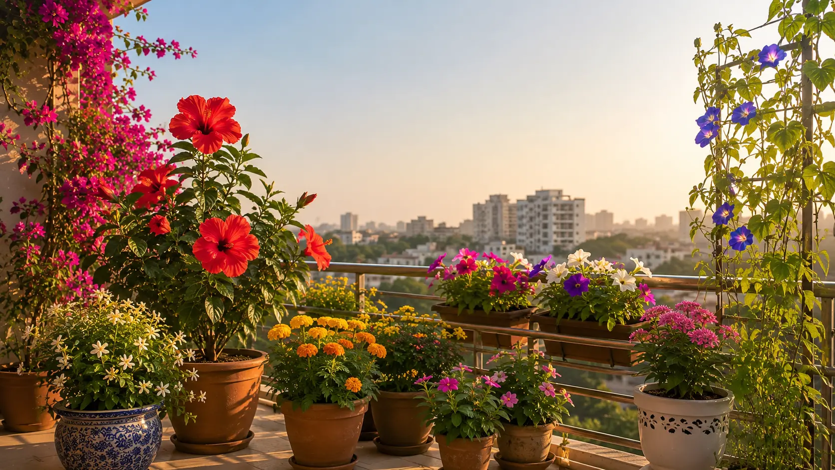 Flowering plants growing in an Indian apartment balcony garden including hibiscus, bougainvillea, jasmine, petunias, marigolds, and butterfly pea.
