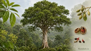 Botanical feature illustration of Aquilaria malaccensis showing a mature agarwood tree with diagnostic leaves, flowers, fruits, and hairy seeds.