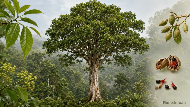 Botanical feature illustration of Aquilaria malaccensis showing a mature agarwood tree with diagnostic leaves, flowers, fruits, and hairy seeds.