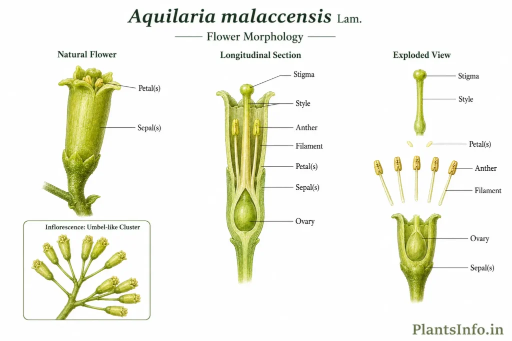 Botanical illustration of the flower morphology of Aquilaria malaccensis showing a tubular flower, longitudinal section, exploded floral structures, and umbel-like inflorescence.