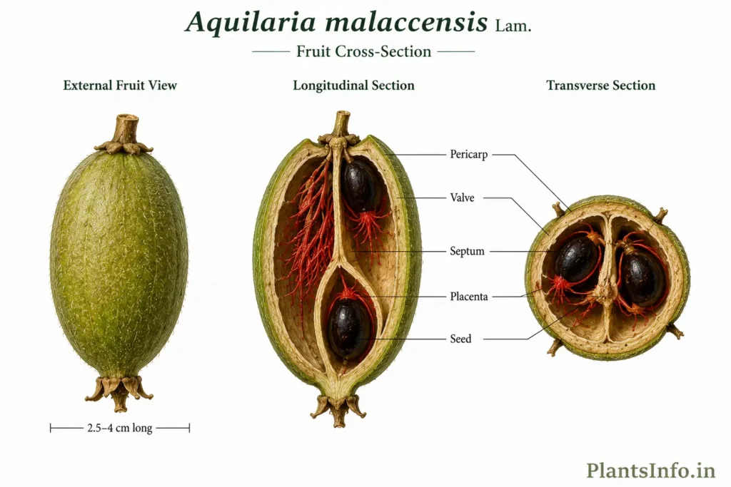 Botanical illustration of the fruit cross-section anatomy of Aquilaria malaccensis showing the external capsule, longitudinal section, transverse section, seed placement, septum, placenta, valve, and pericarp.