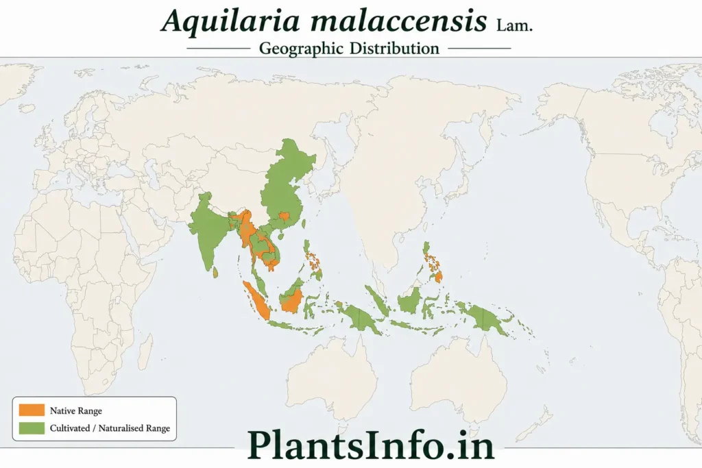 World distribution map of Aquilaria malaccensis showing documented native range and cultivated distribution across South and Southeast Asia.