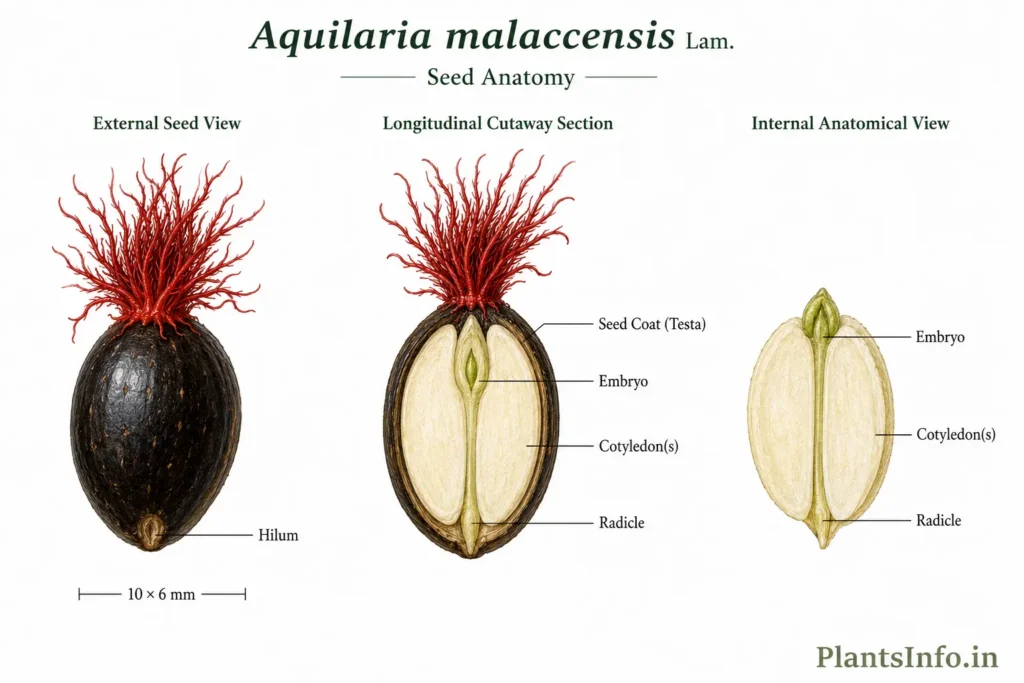 Botanical illustration of the seed anatomy of Aquilaria malaccensis showing the external seed, longitudinal section, embryo, cotyledons, radicle, hilum, and seed coat.
