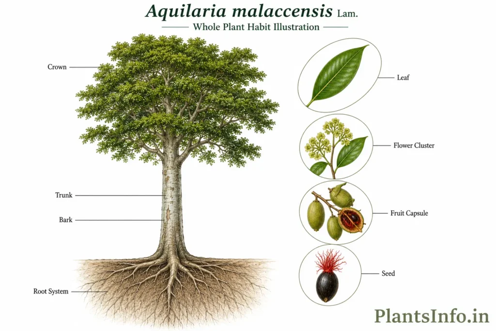 Botanical illustration of the whole plant habit of Aquilaria malaccensis showing the mature tree, root system, leaf, flower cluster, fruit capsule, and seed.
