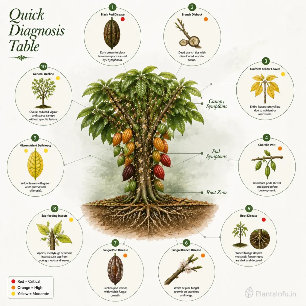 Botanical diagnostic infographic of a cacao tree showing common problems including black pod disease, branch dieback, nutrient deficiencies, root disease, fungal infections, sap-feeding insects, cherelle wilt, and general decline with urgency indicators.