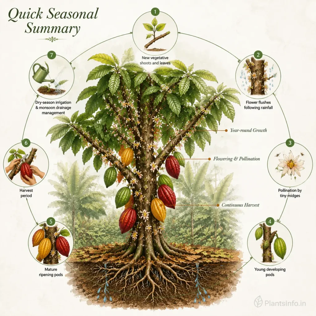 Botanical infographic illustrating the year-round seasonal growth cycle of a cacao tree, including vegetative growth, flowering after rainfall, midge pollination, pod development, harvesting, and dry-season irrigation with monsoon drainage management.